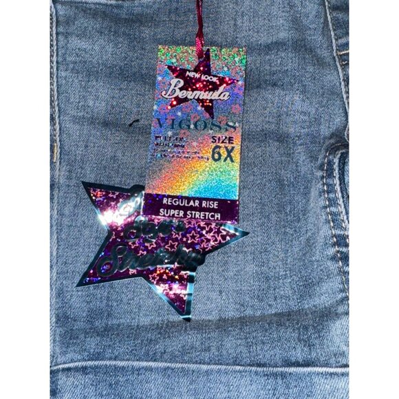 Vigoss Girls Bermuda Denim Shorts Size 6X With Holographic Star Patch & Belt - Picture 4 of 4